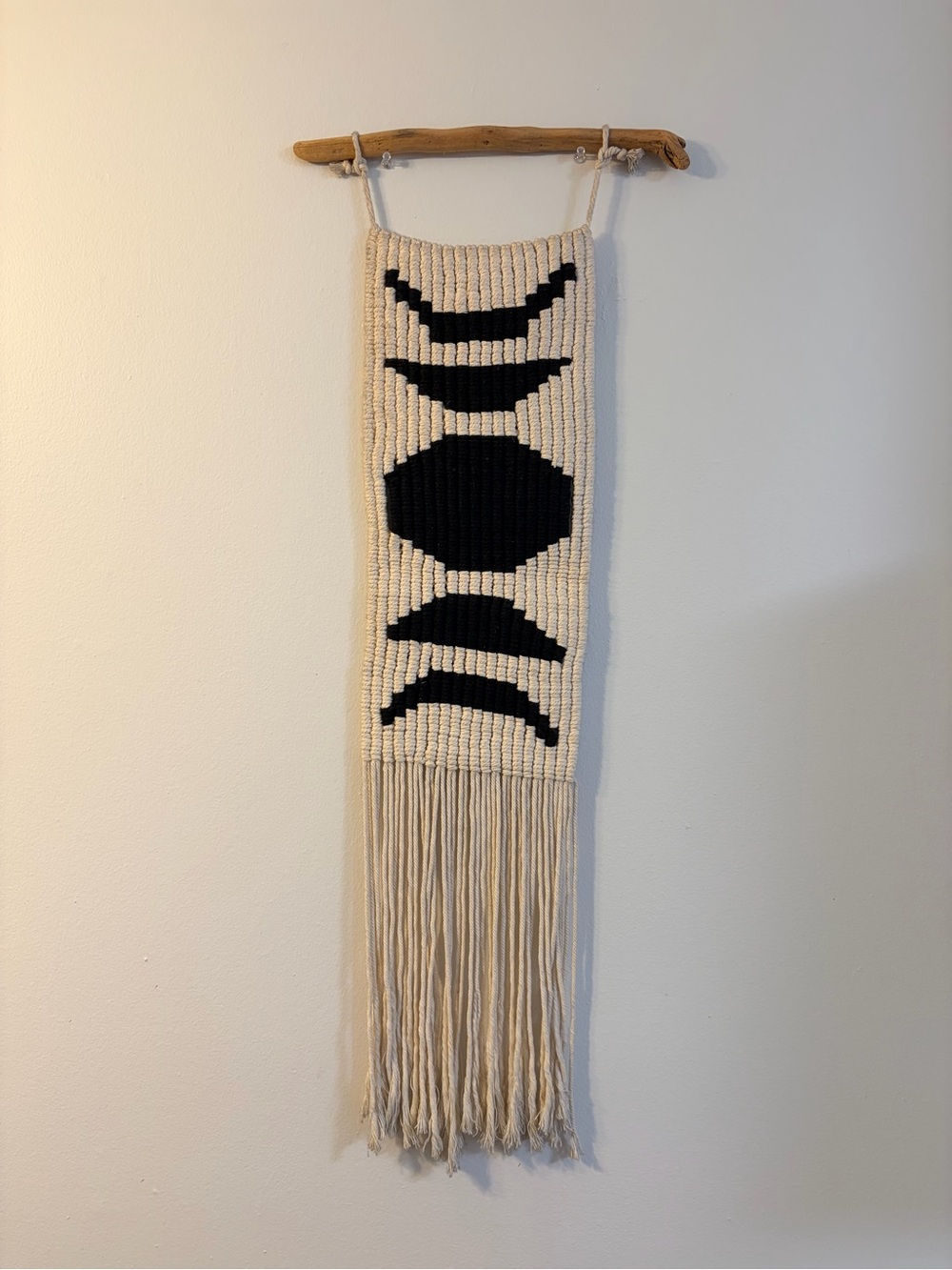 Boho Macrame Wall Hanging Black Cream Driftwood 36” Geometric